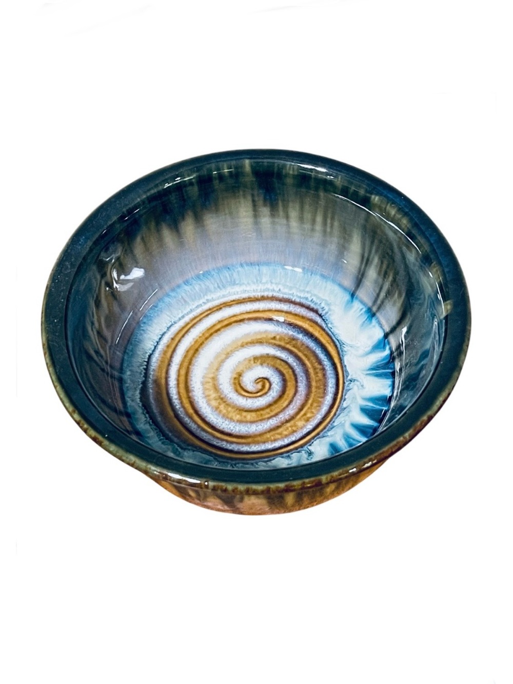 Bill Campbell Studio Art Pottery Spiral Swirl Drip Glaze Bowl Blue Signed 5.5”